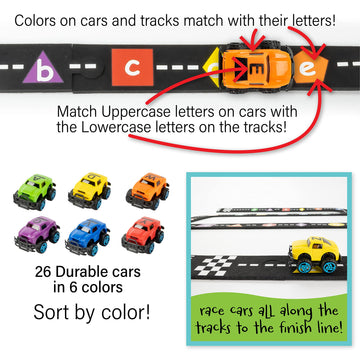 Skoolzy 36-Piece Alphabet Cars - Alphabet Learning Toys With Felt Track Set For Abc Recognition - Ideal Manipulatives For Preschoolers, 3 Year Old Boy Gift, And Toys For 2 Year Old Boys
