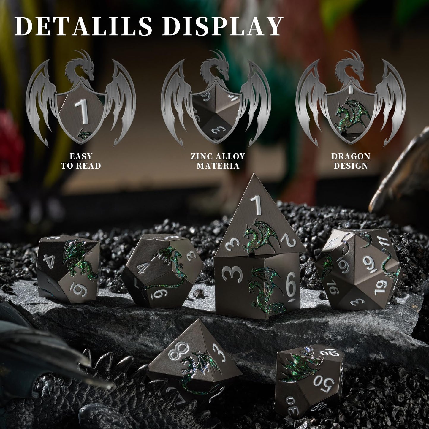 HNCCESG D&D Dice Set Metal Dragon Polyhedral DND Dice Set with Dragon Gift Box for Game Dice Dungeons and Dragons TTRPG(Black wi