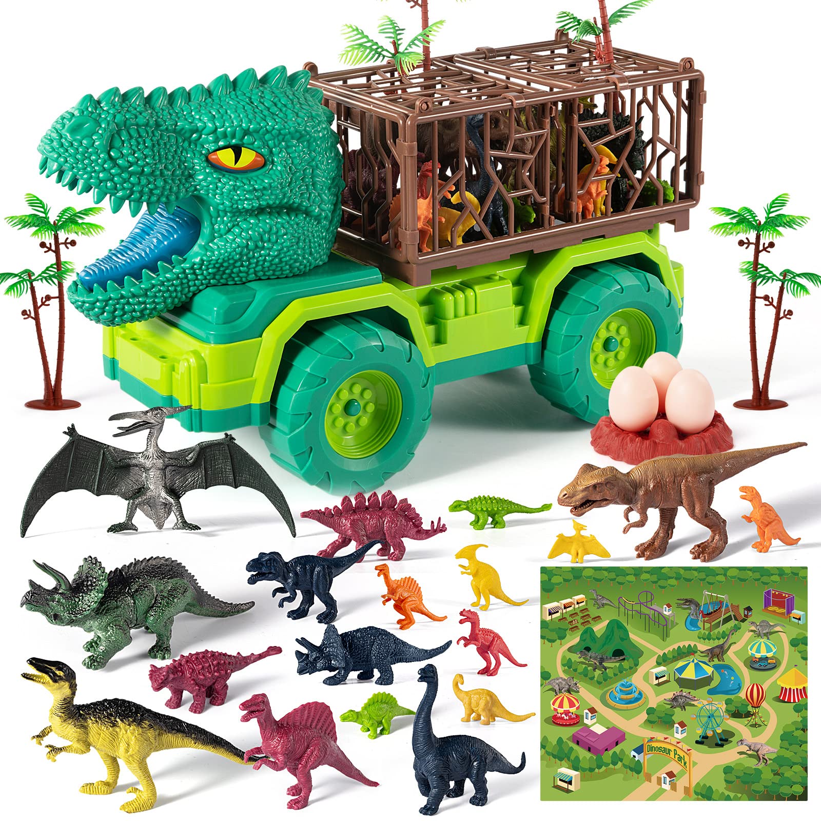 Temi 25 In 1 Tyrannosaurus Rex Dinosaur Carrier Truck Set, Toddler Dinosaur Transport Car Toys For Kids 3-5 With Play Mat, 18 Di