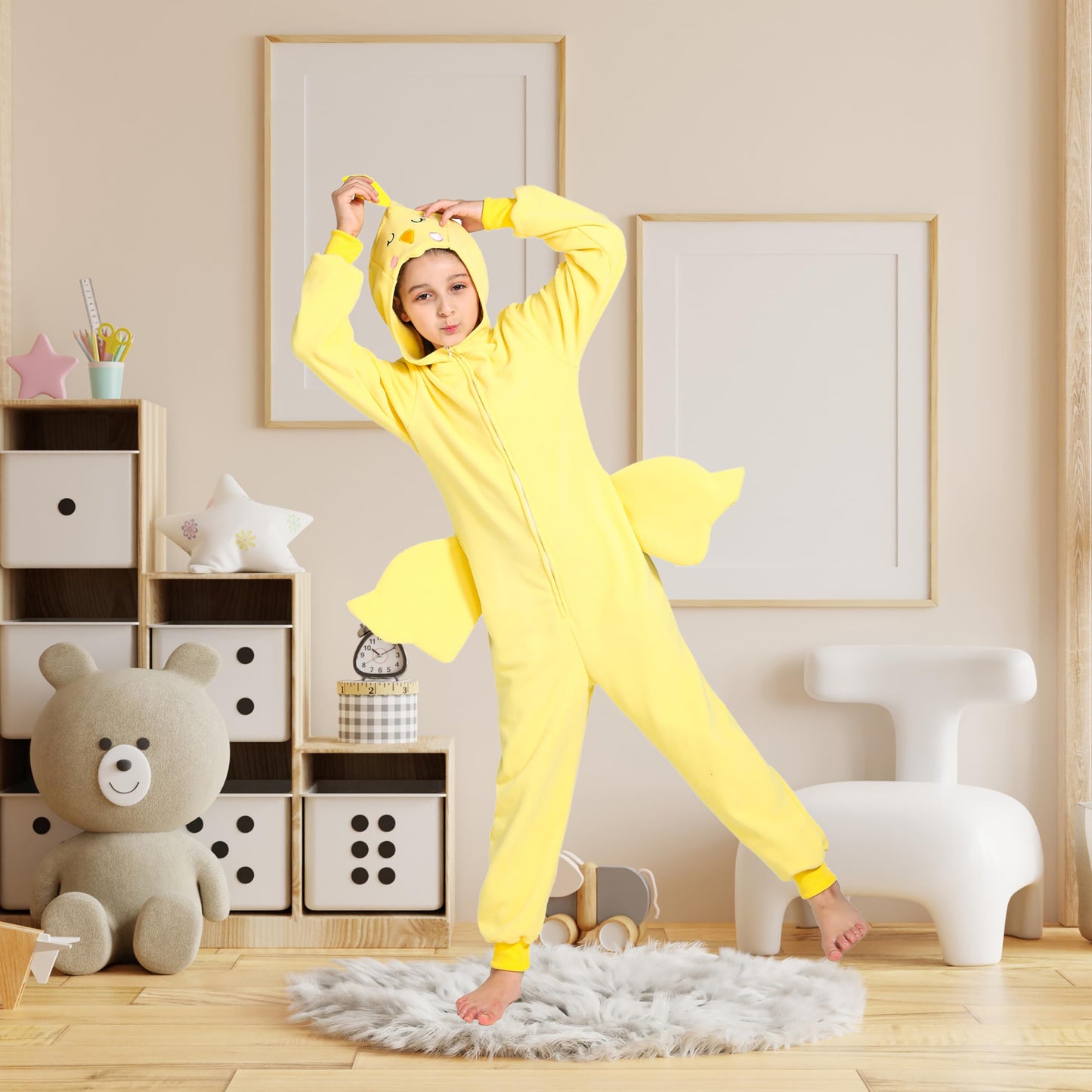 Rabtero Children Farm Animal Onesie Costume, Kids Chicken Costume One-Piece Pajamas, Toddlers Yellow Chick Costume With Bird Wings, Halloween Christmas Costume For Kids 8-10