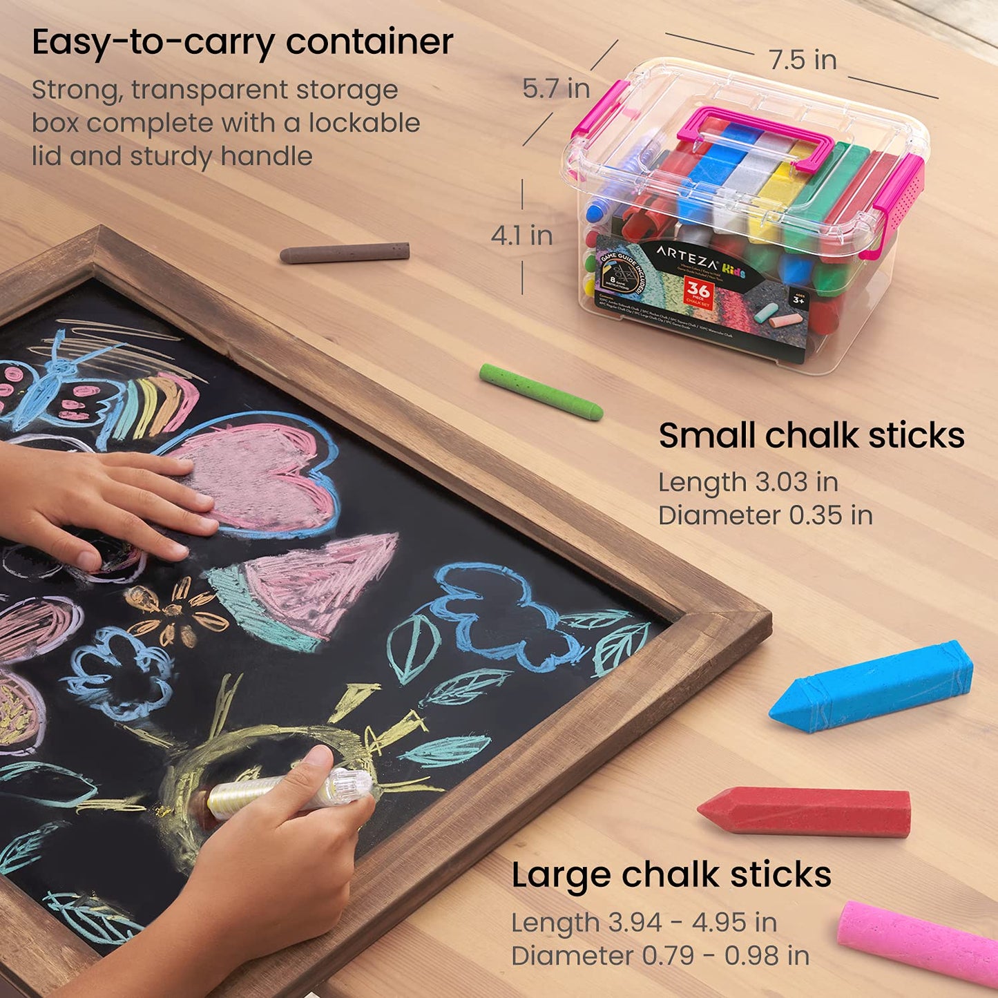 Arteza Kids Sidewalk Chalk Set - 36 Jumbo Washable Pieces with 4 Fun Shapes, Clips, Game Guide & Storage Tote for Outdoor Play