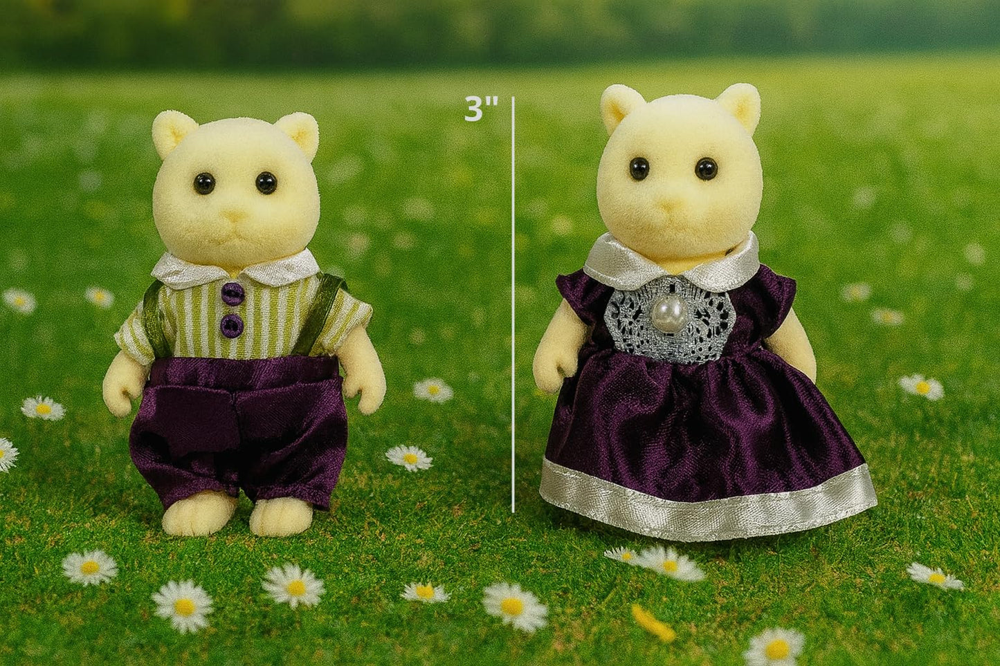 Oleoca Family Cream Cat Figures - Set Of 2 Collectible Flocked Mini Dolls With Removable Clothes, Miniature Dollhouse Pretend Pl