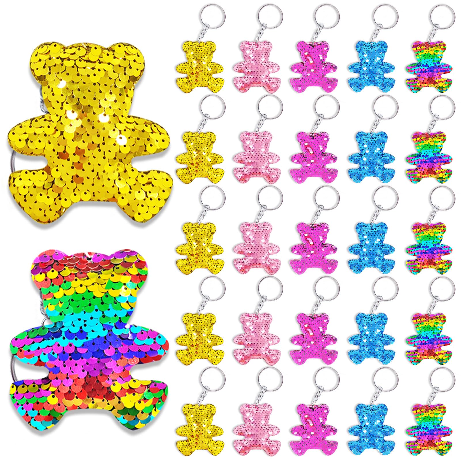 CiciBear 25 Pack Bear Sequin Keychains for Jungle Themed Party Favors, Bear Animal lover, Adults Birthday Gift, Party, 5 Colors