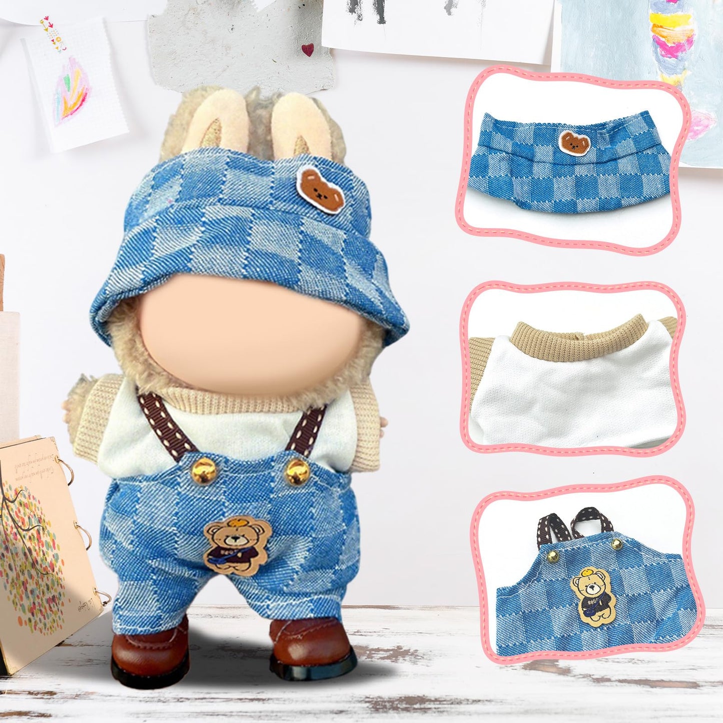 17cm Doll Clothes Labubu Clothes for 6.7inch(17cm) Dolls enhanced Doll Outfit with Hat and Accessories(Clothes Only) (Blue)