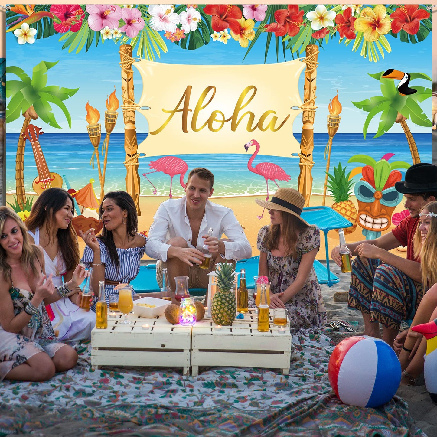 Hawaiian Aloha Party Decoration, Extra Large Summer Luau Beach Party Banner Backdrop Background Photography for Birthday Musical