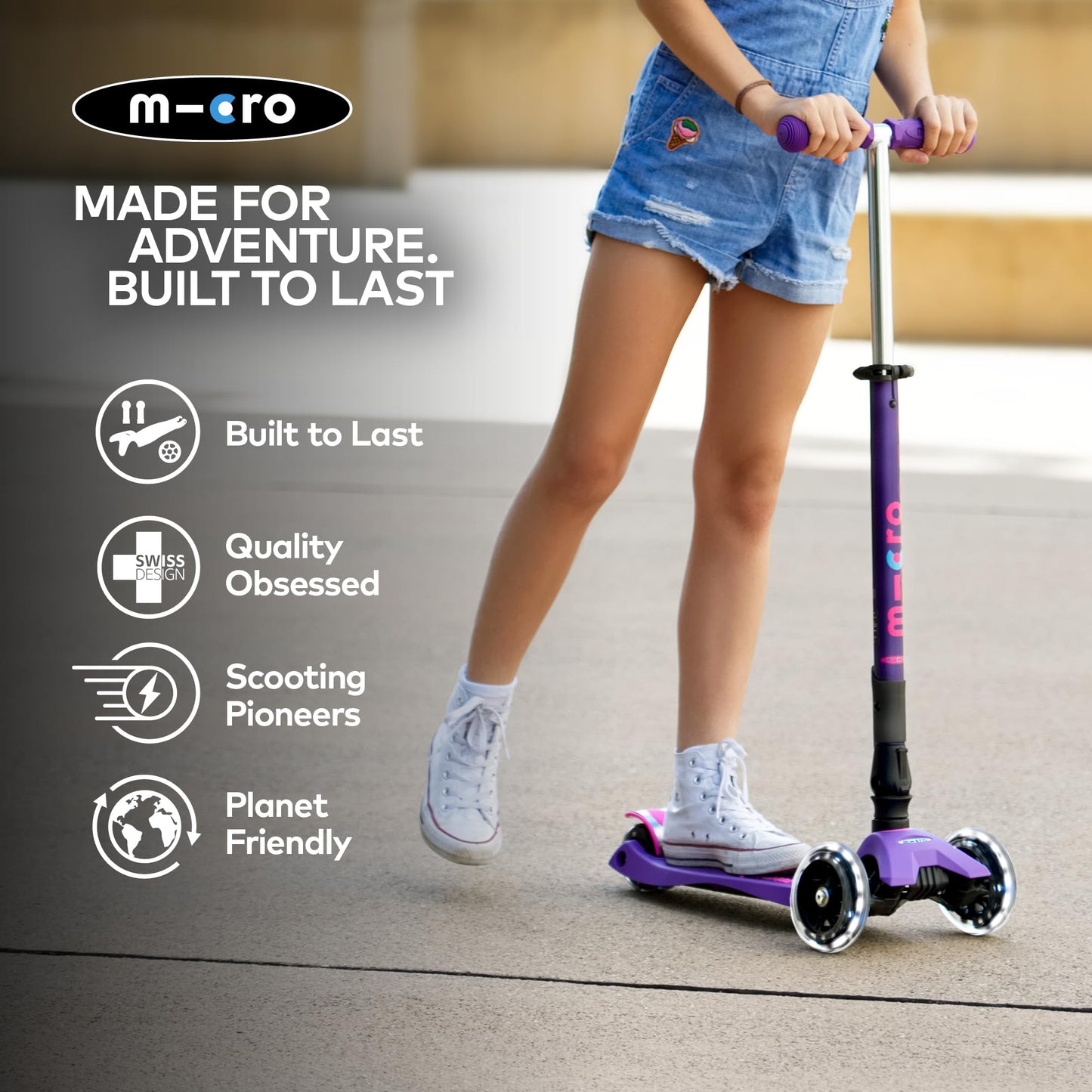 Micro Kickboard Maxi Deluxe Scooter - Foldable, LED Wheels, Purple, Ages 5-12, Swiss Design, Model MMD0100