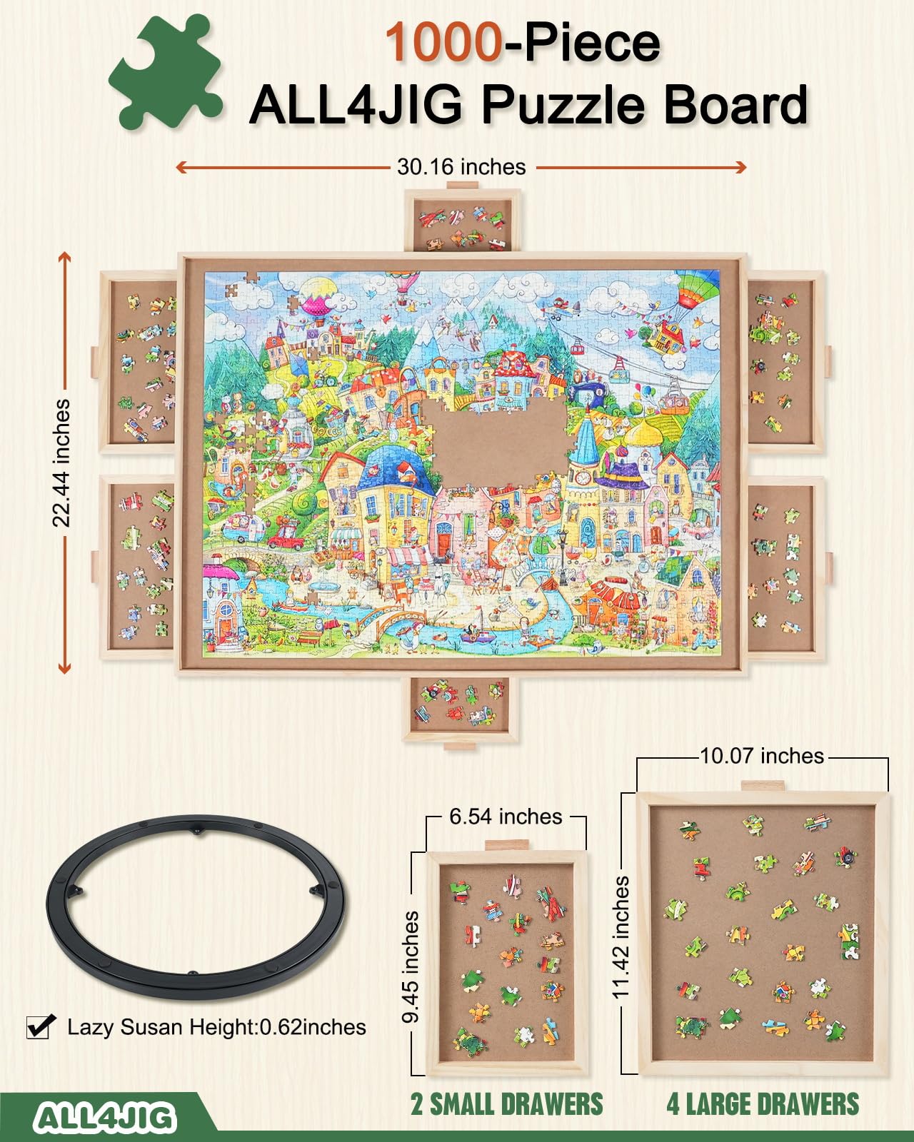 All4Jig 1000 Pieces Rotating Puzzle Board With 6 Drawers And Cover,22''X30''Portable Wooden Jigsaw Puzzle Table For Adults,Lazy