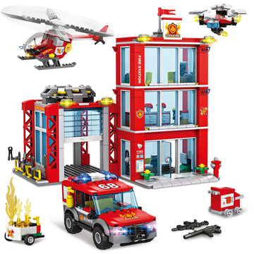 Wishalife City Fire Station Building Blocks Set, Fire Truck, Helicopter, Drone, Rescue Gear, Fire Command Center Playset, Firefi