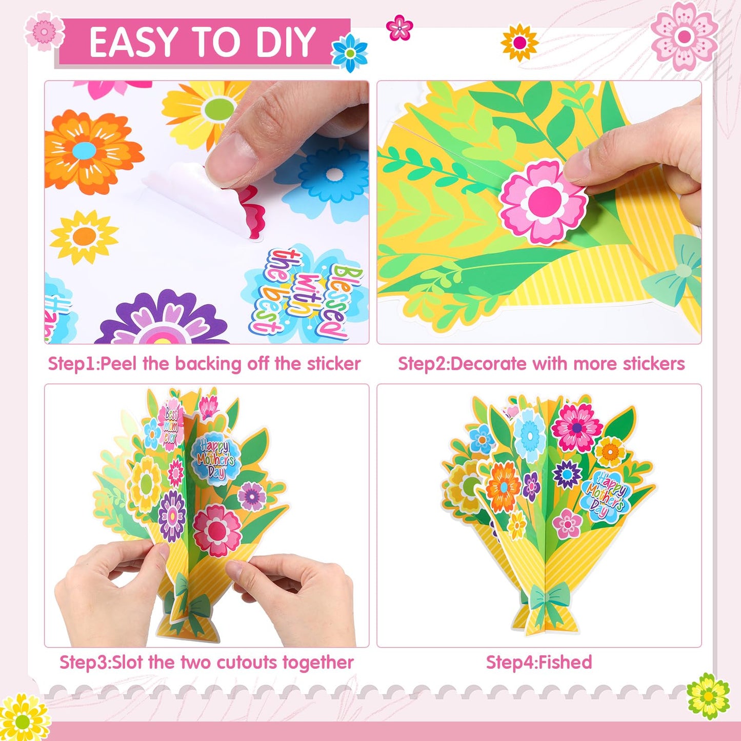 Fullhawl 24 Sets Mothers Day DIY Craft Kits Make Your Own 3D Flower Bouquet Best Mom Flowers Stickers for Happy Mothers Day Bi
