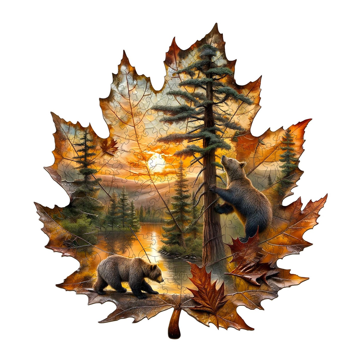 Wooden Puzzles for mature-themeds  Wooden Jigsaw Puzzles for mature-themeds  Brown Bear Autumn Maple Leaf Unique Shaped Wood Puzzles mature-themed  Creative Gifts for Friends Family Game  Home Decor (13.4 * 12.4in 220pcs)