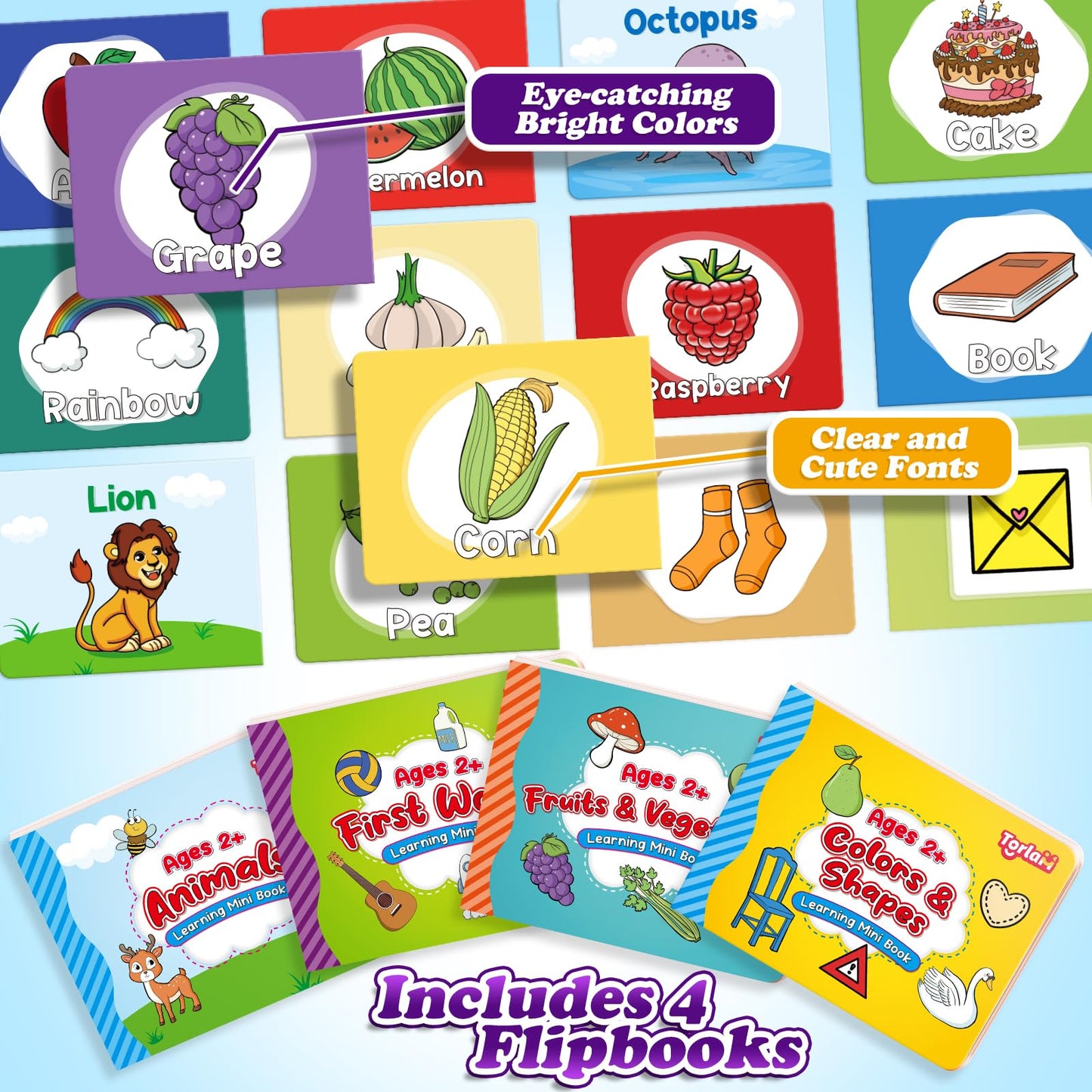 Torlam Toddler Learning Books: My First Library Flipbook - Fruit & Vegetable, Animal, Color And Shape Toys, Mini Board Books Set - 4 Pcs