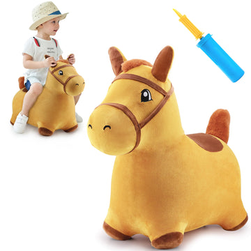 iPlay, iLearn Bouncy Pals Hopping Horse Toy - Inflatable Plush Ride-On Bouncer, Large, Yellow, Model RI-HOYE-049-B for Toddlers 18 Months