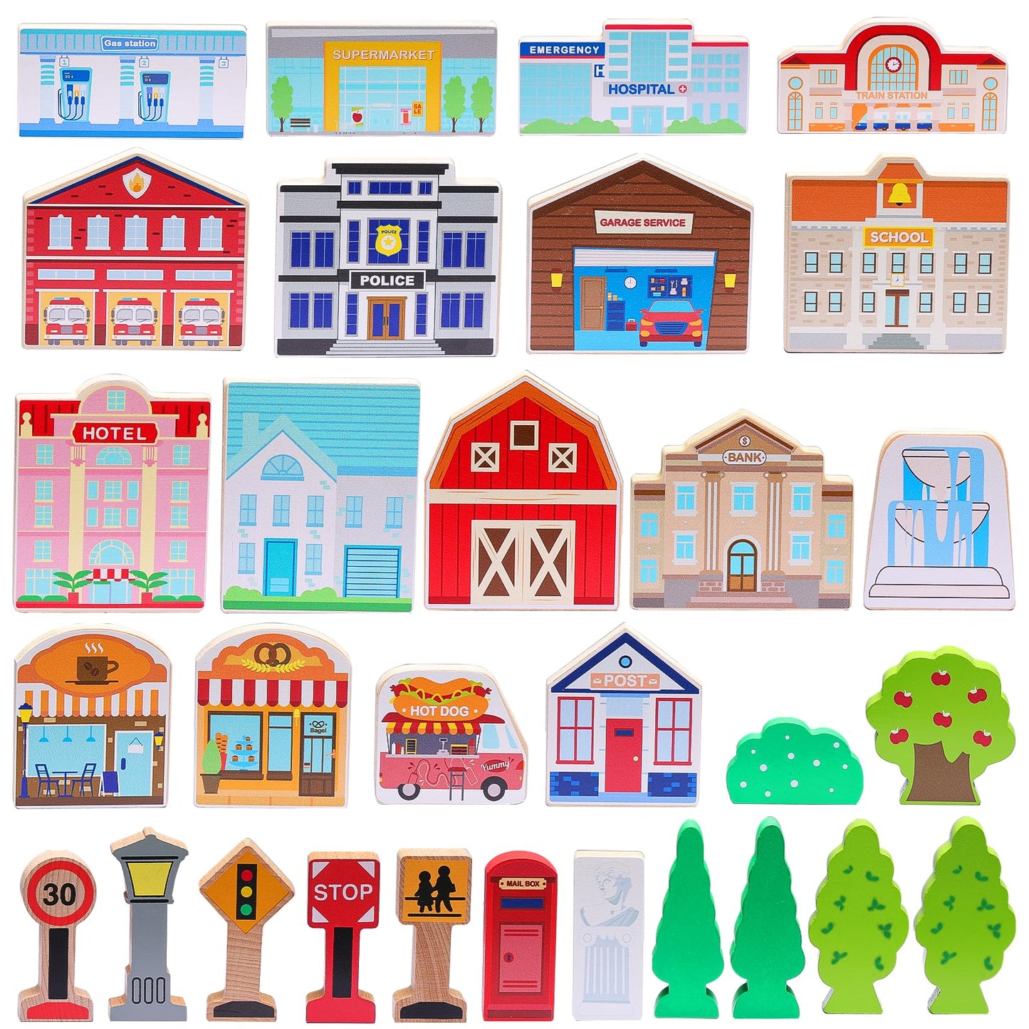SainSmart Jr. 30 Pcs Wooden Town Play Set, Wooden Train Accessories, Community Helpers Toys for Preschool Learning | Includes Bu