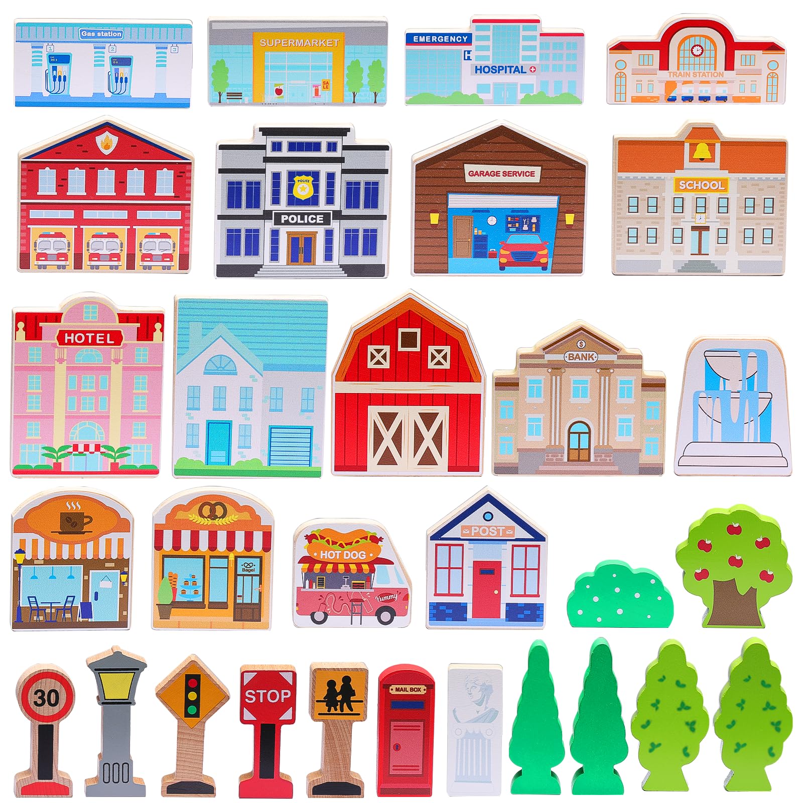 SainSmart Jr. 30 Pcs Wooden Town Play Set, Wooden Train Accessories, Community Helpers Toys for Preschool Learning | Includes Bu