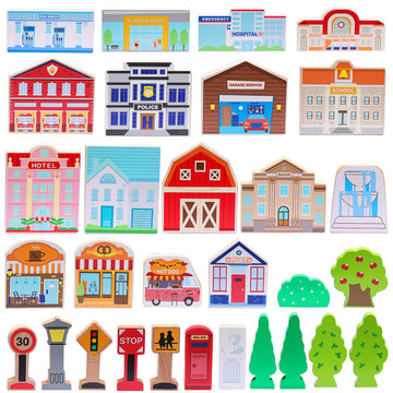 SainSmart Jr. 30 Pcs Wooden Town Play Set, Wooden Train Accessories, Community Helpers Toys for Preschool Learning | Includes Bu