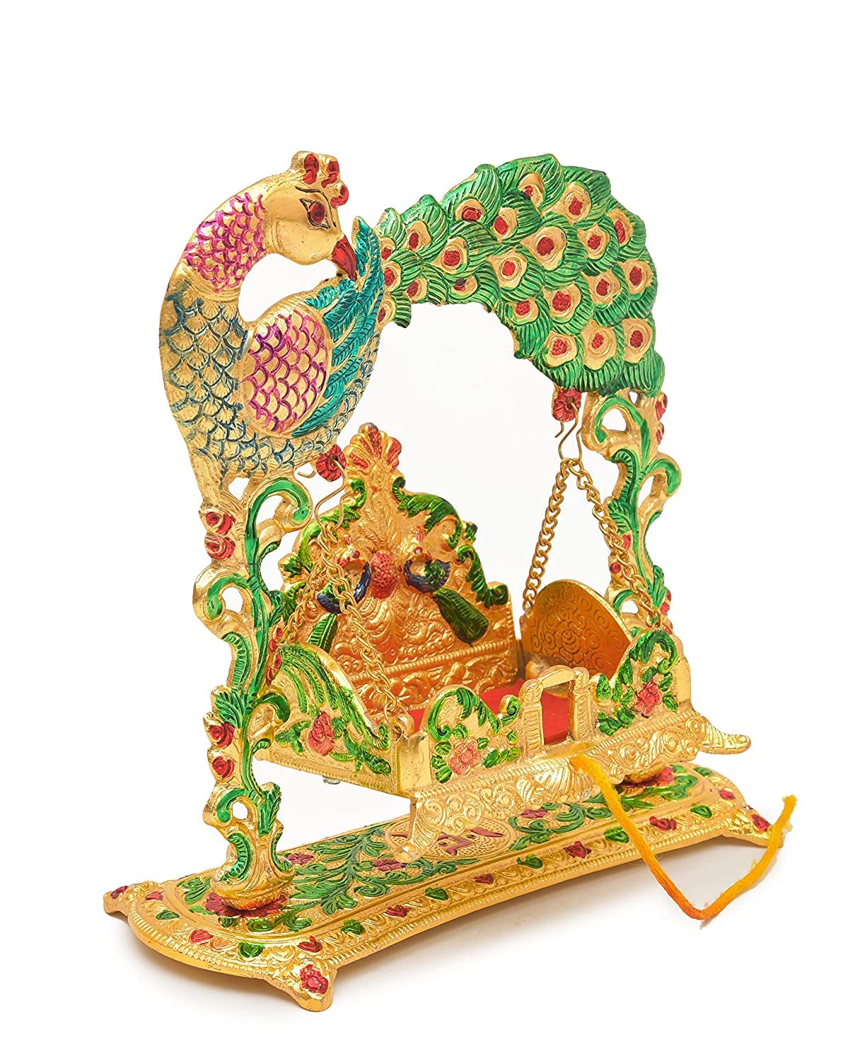 RAAVEE gifts Metal Laddu Gopal Jhula Palna for Laddu Gopal Ji, Nand Gopal Swing Palna with Peacock Design Decorative Showpiece,