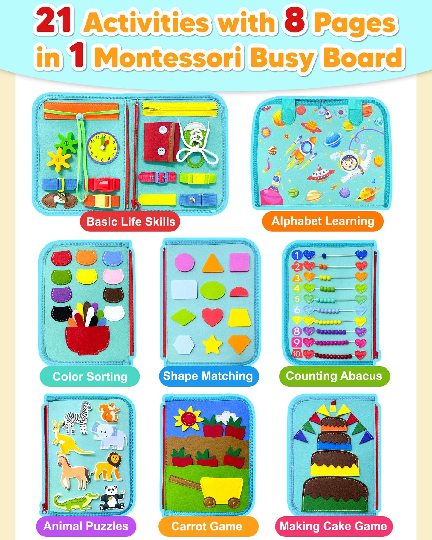 Exorany Busy Board Montessori Toys For 1 2 3 4 Year Old Boy Girl Birthday Gifts, Busy Book Sensory Learning Toys For Toddlers 1-