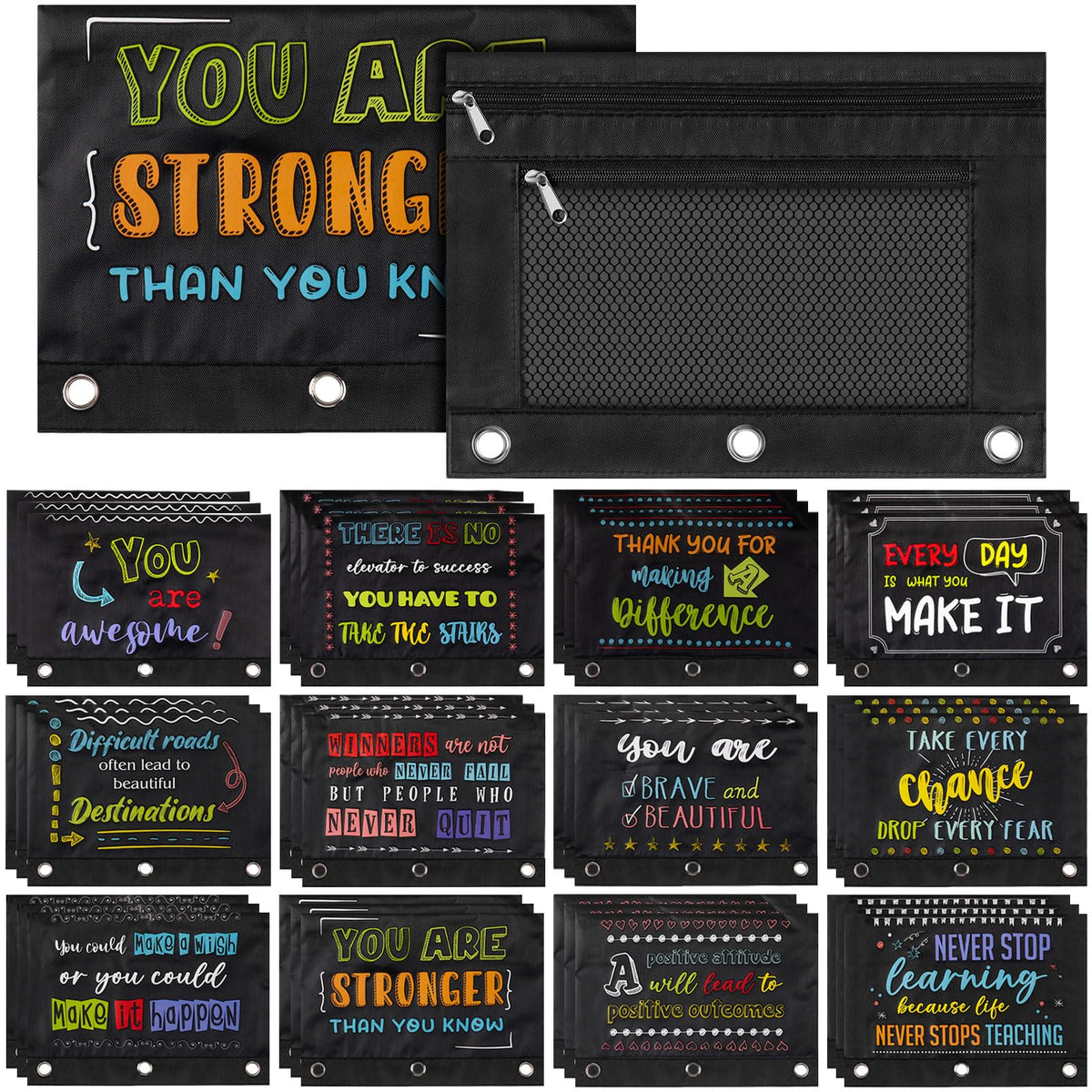 Honoson 36 Pieces Pencil Pouch for 3 Ring Binder Bulk Inspirational Pencil Pouch Double Zip Zipper Pencil Bag for Classroom Bind