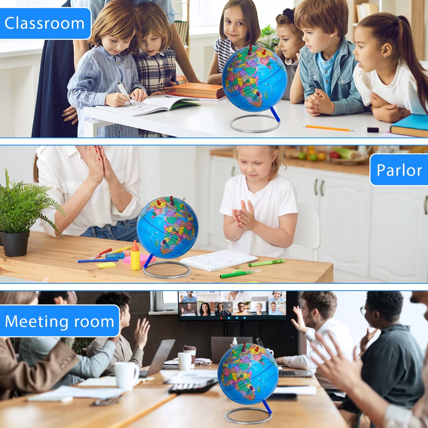 9'' World Globe For Kids Learning, Classroom Desk, Geographic Globe With Iron Stand & Colorful Magnetic Push Pins & Magnifier &