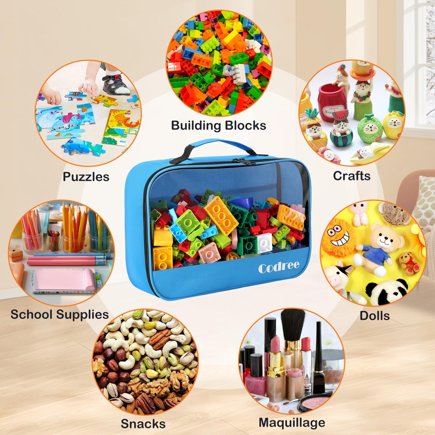 Codree 6 Packs Large Oxford Cloth Toy Storage Bags, 13 X 8.5 X 3.9 Inch Visible Toy Organizing Bags With Zipper, Waterproof Trav