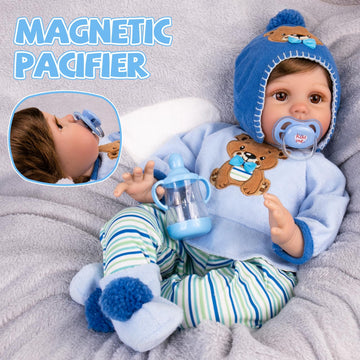 Aori Reborn Baby Dolls Accessories Blue Magnet Pacifier & Feeding Bottle Set For Lifelike Baby Boy Dolls
