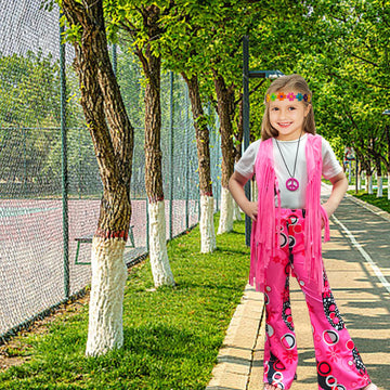 Xonyicos 8 Pcs Girls Kids 60S 70S Hippie Costume Disco Outfits Fringe Vest Boho Bell Bottoms Hippie Outfits Accessories Set (Pin