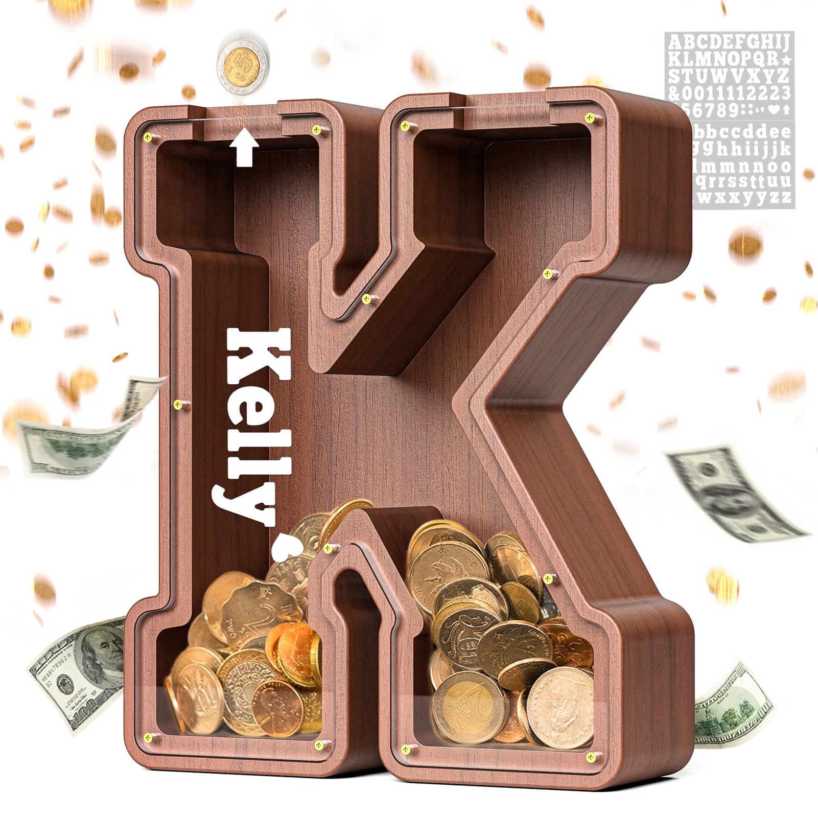 Summidate Wooden Letter Piggy Bank  Extra Thick Large Capacity Piggy Bank for Kids Boys Girls Toddler  Alphabet K Money Bank| Coin Box Birthday  Christmas  Festival