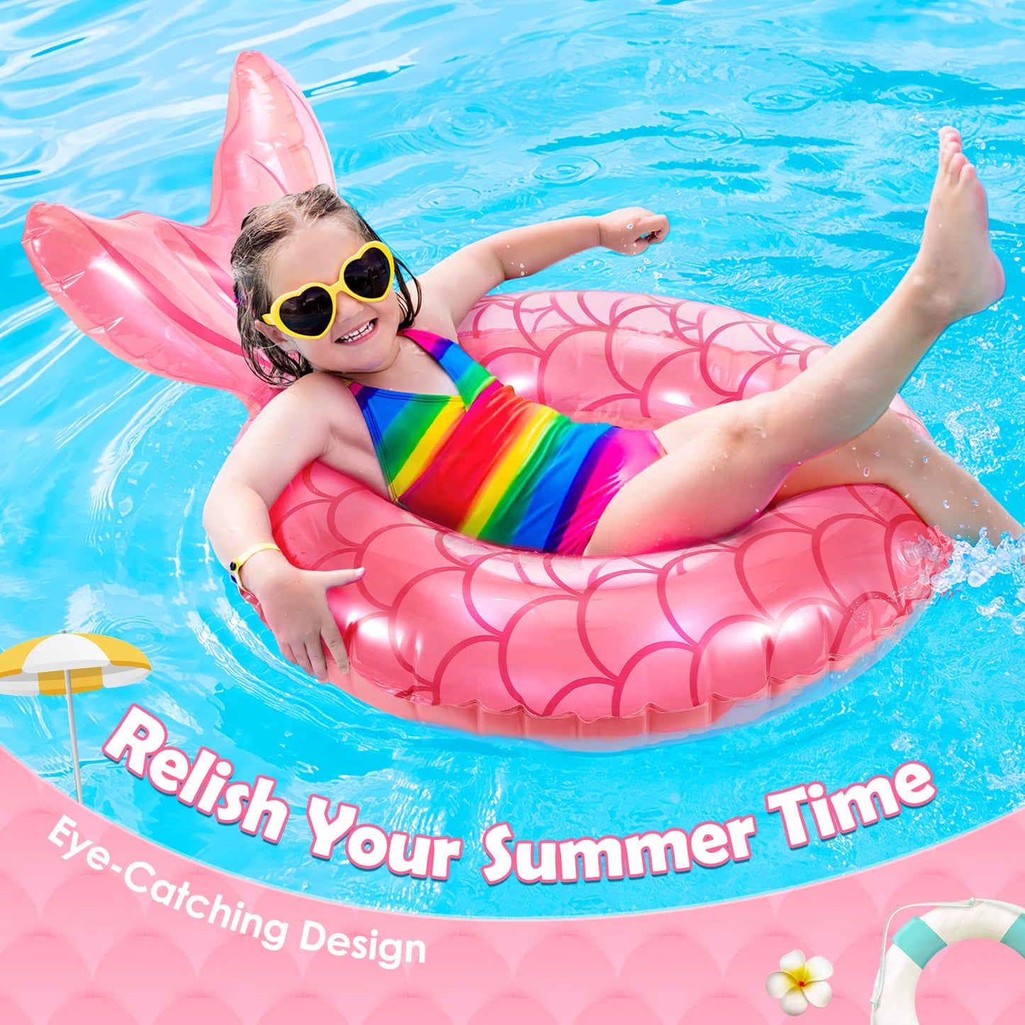 HeySplash Mermaid Pool Float, Mermaid Tail Shaped Pool Swimming Float Tube Ring Floatie, Summer Water Fun Beach Party Swimming P