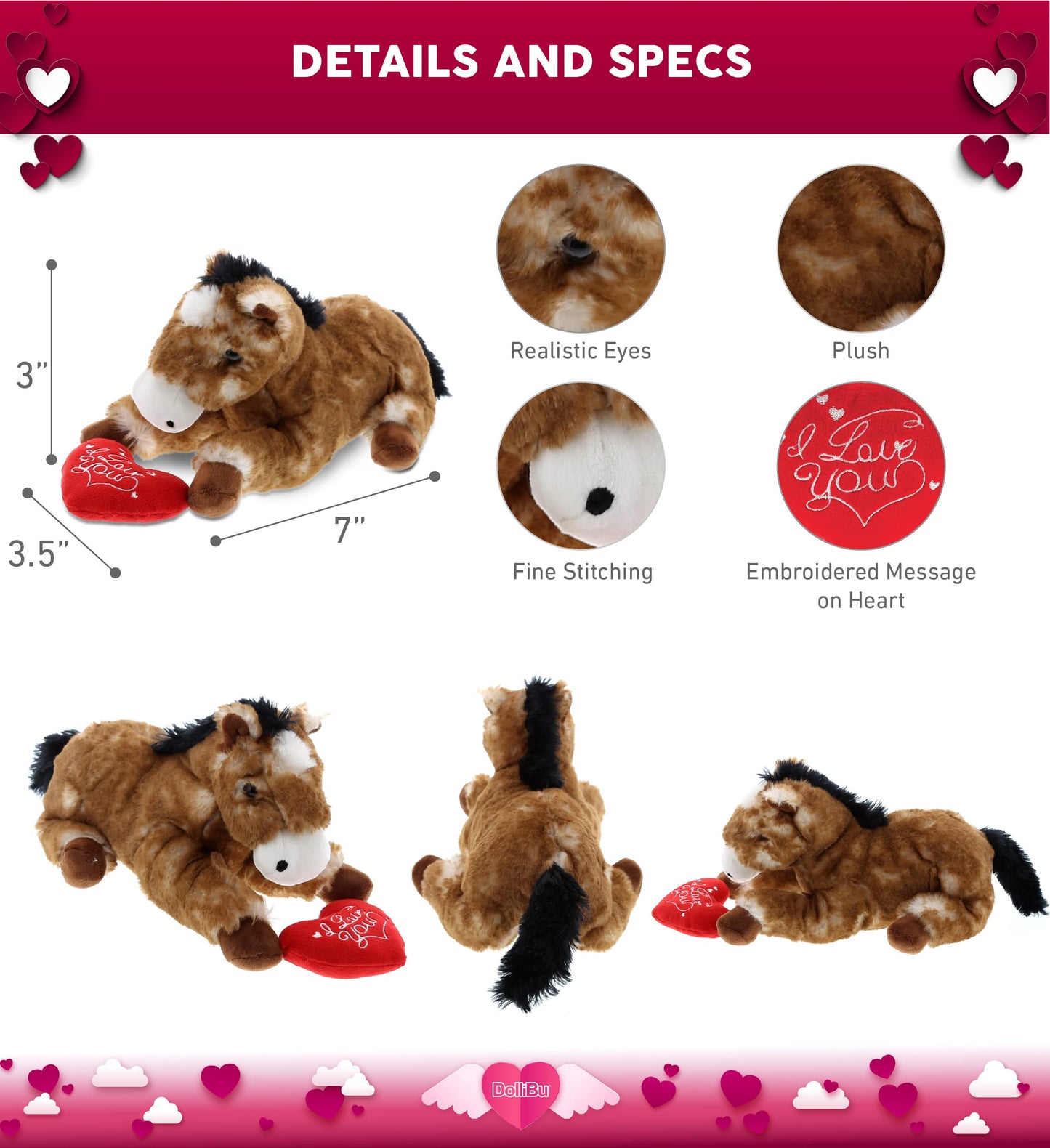 DolliBu I Love You Valentine Plush Lying Brown Horse - Cute Stuffed Animal with Red Heart and Name Personalization Gift for Valentines Day  Birthday  Anniversary  Romantic Date - 10.5 Inches