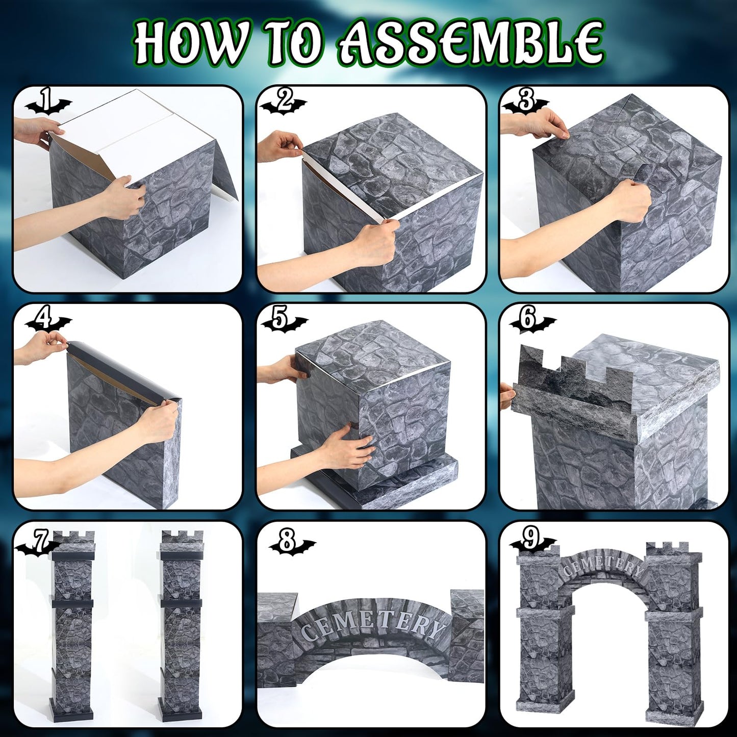 Bucherry 15 Pcs Halloween Cemetery Graveyard Decorations Cardboard Tombstone Castle with Arch 49 Inch Large Halloween Haunted Pl