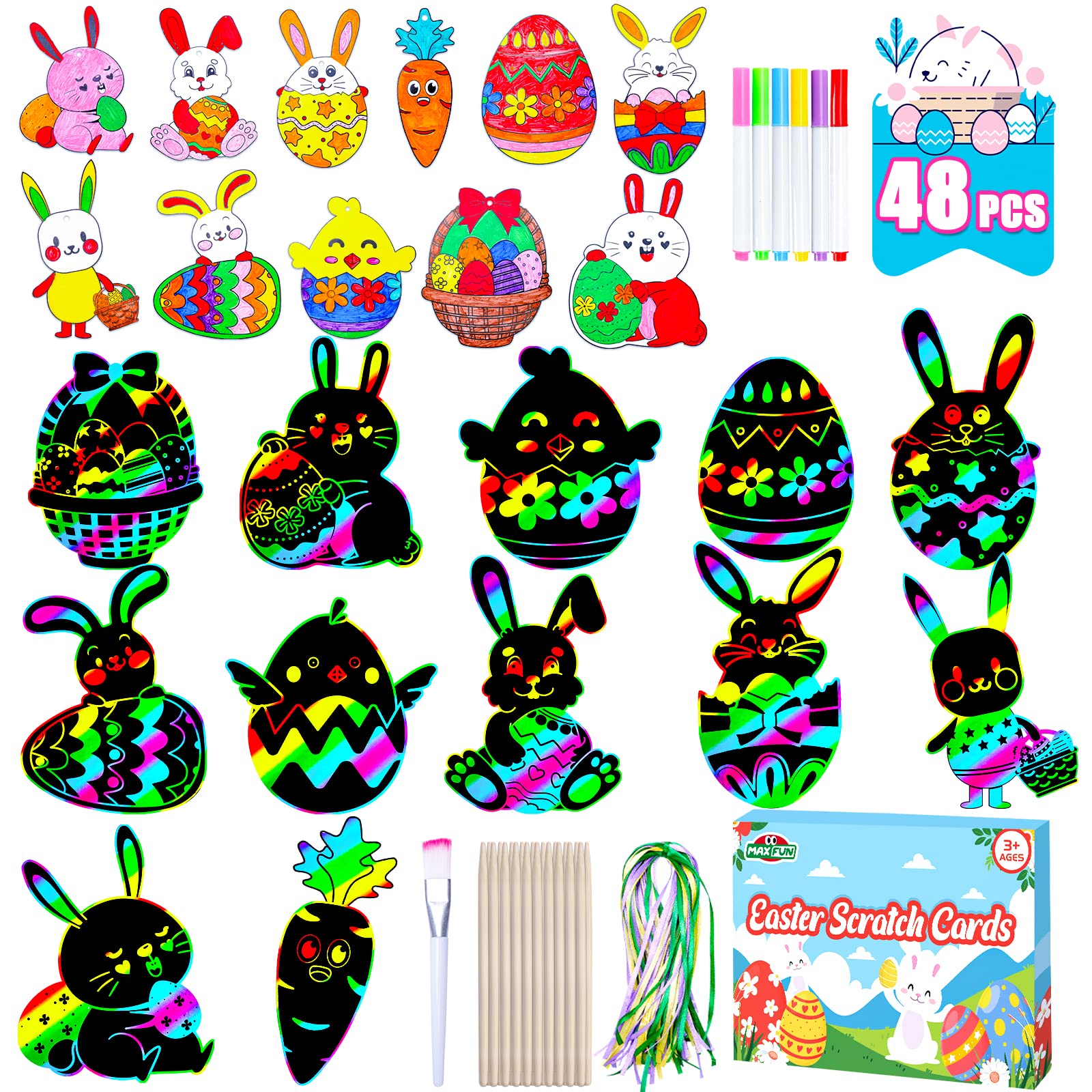 Max Fun Easter Crafts Kit Rainbow Color Scratch Paper Easter Ornaments (48 Counts)-Easter Craft Kit for Kids Easter Basket Stuff