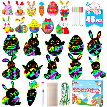 Max Fun Easter Crafts Kit Rainbow Color Scratch Paper Easter Ornaments (48 Counts)-Easter Craft Kit for Kids Easter Basket Stuff