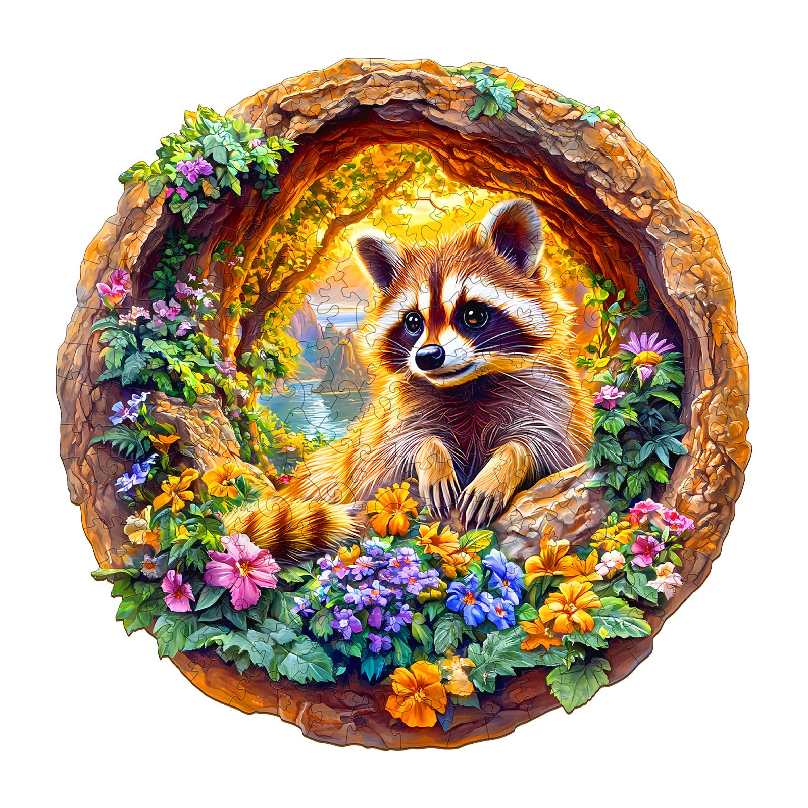 Wooden Puzzles For Adults - Raccoon On Vacation Wooden Jigsaw Puzzle - Unique Animal Shaped Wood Puzzles Adult - Creative Birthd
