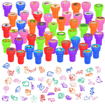 Cinrobiye 50 PCS Stampers for Kids ,Animal Car Fun Theme Self-Inking Stamp Set for Party Favors Classroom Rewards DIY Crafts Goo