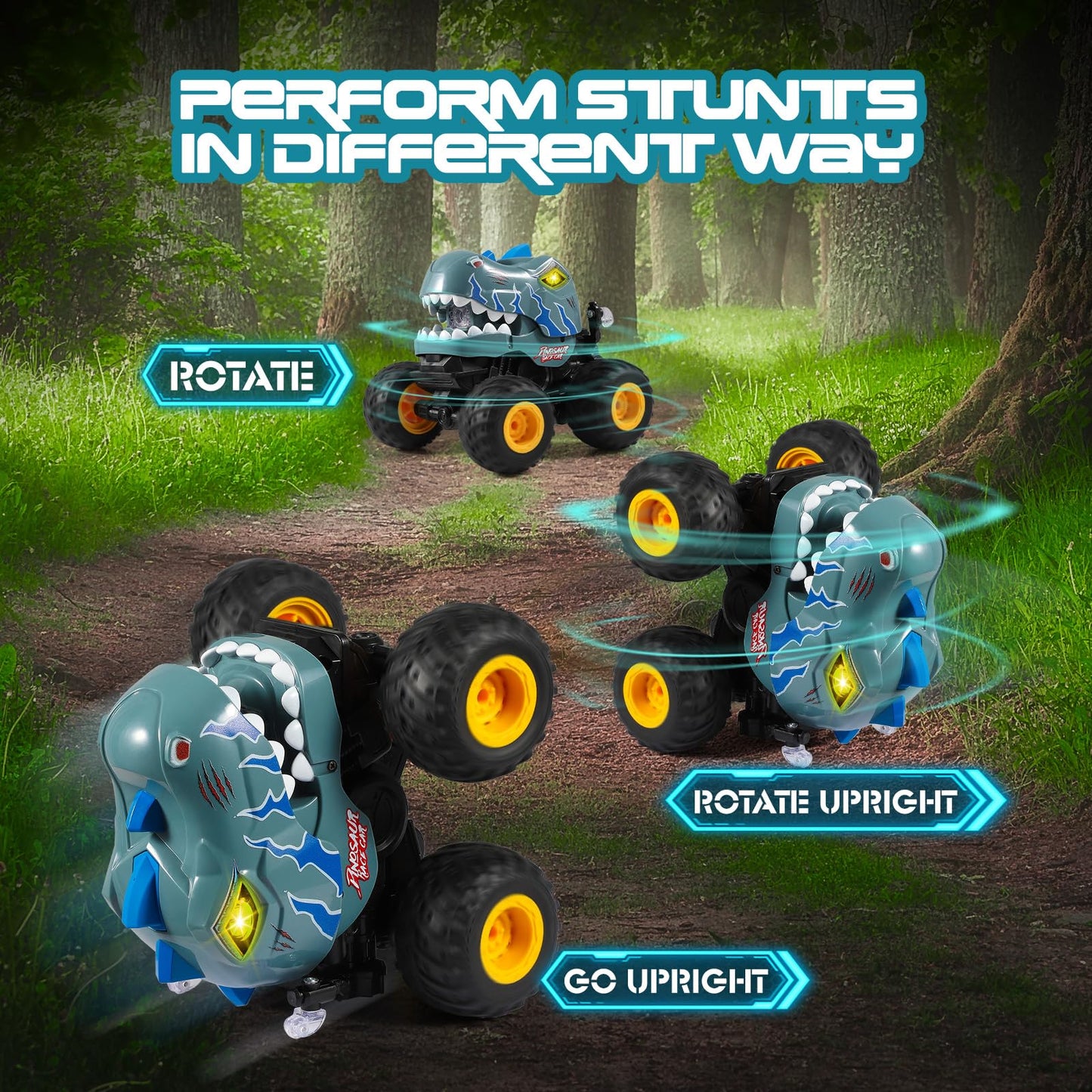 DYODYORC Remote Control Car, 2.4Ghz All Terrain Dinosaur Monster Truck Toys, RC Truck with Spay, Music, 360 Stunt Capable, All I