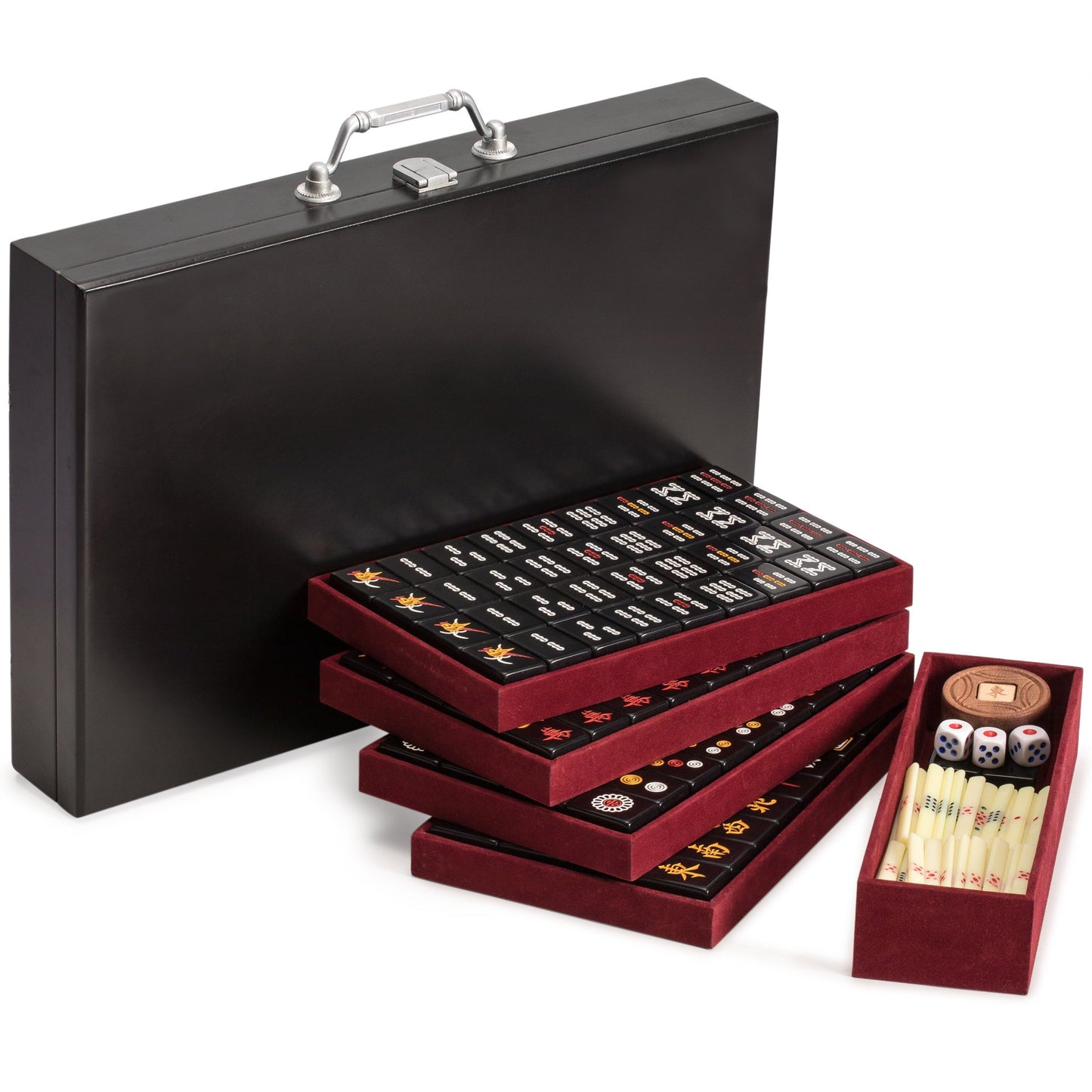 Yellow Mountain Imports Mahjong Game Set - Black Acrylic Tiles, Wooden Case, Model US-CM001-C, Small Size 1.3" x 0.9" x 0.7"