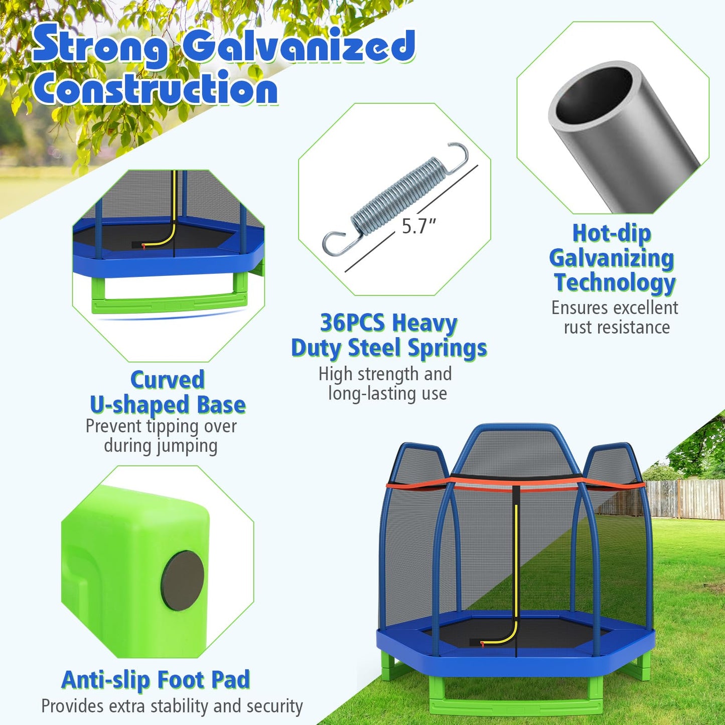 Goplus 7Ft Trampoline For Kids, Astm Approved Trampoline With Enclosure Net, Safety Pad, Galvanized Steel Frame, Heavy Duty Recreational Toddler Trampoline For Boys Girls Outdoor Indoor (Blue&Green)