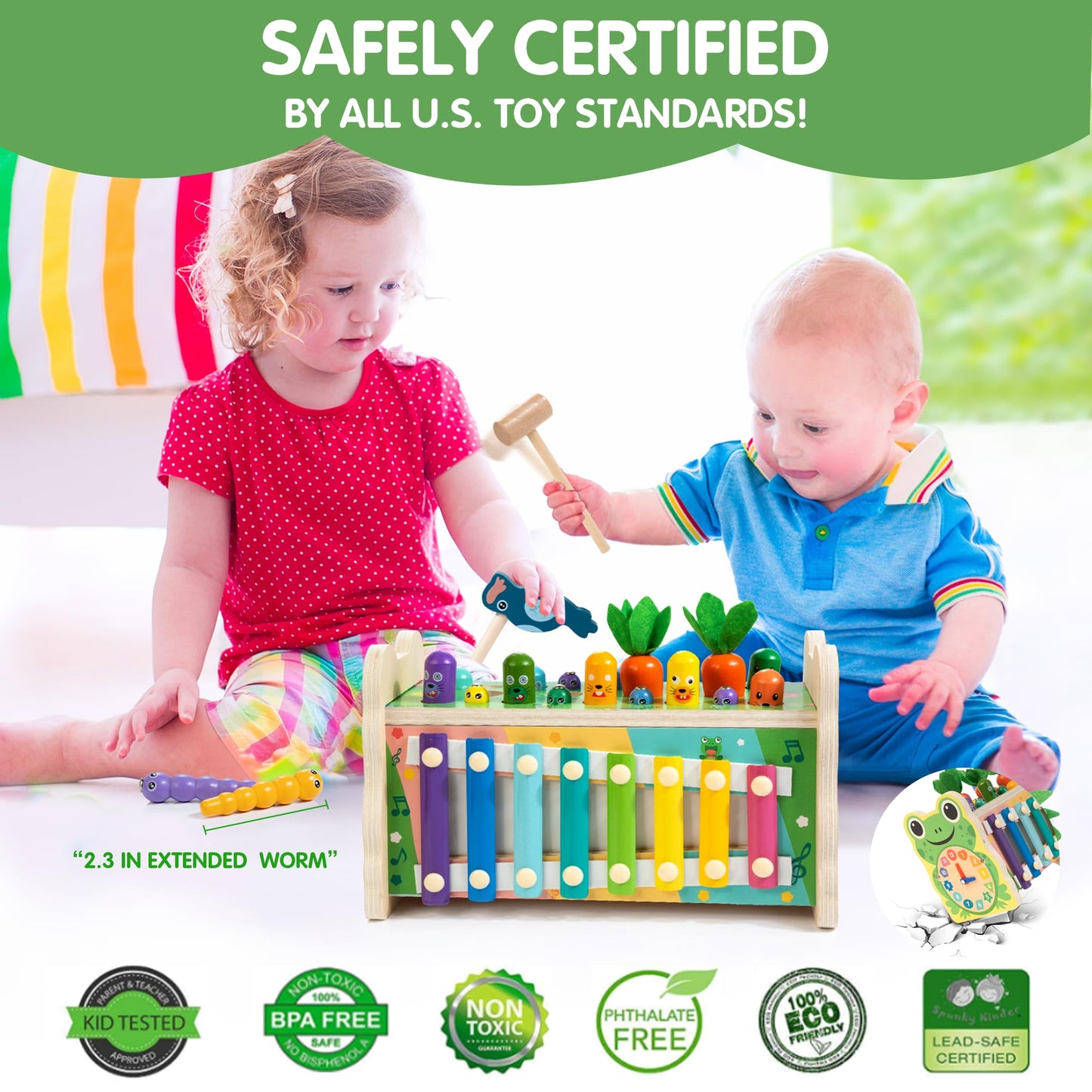 6-in-1 Wooden Montessori Toy with Mole Whacking Game & Xylophone for 1-5 Year Old Toddler, Activity Cube for 12+ Month Baby, Mul