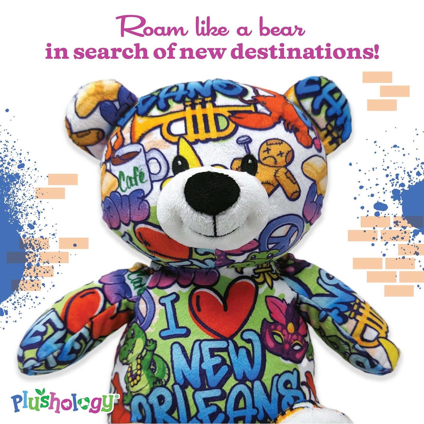 PLUSHOLOGY I Love New Orleans Graffiti Teddy Bear Eco Friendly Stuffed Animal; Cuddly Soft Velboa Plush Animal for Kids 3 Years Old to mature-themeds; Child-Safe Embroidered Eyes (10 Tall When Seated)