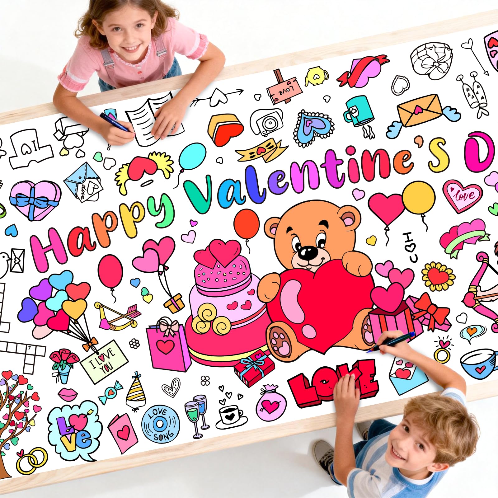 Diltik Valentines Day Giant Coloring Poster/Tablecloth 30 x 72 Inch Paper Coloring Banner, Happy Valentines Day Activity Poster 