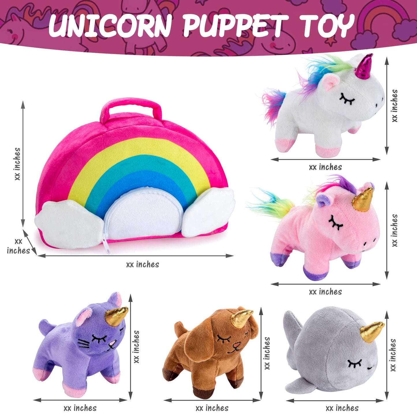 PASSIONFRUIT Stuffed Toy Unicorn Animal Set - 5 Plush Toys with Rainbow Bag - Includes Unicorns, Kitty, Puppy, Narwhal - Ideal Gift for Toddlers