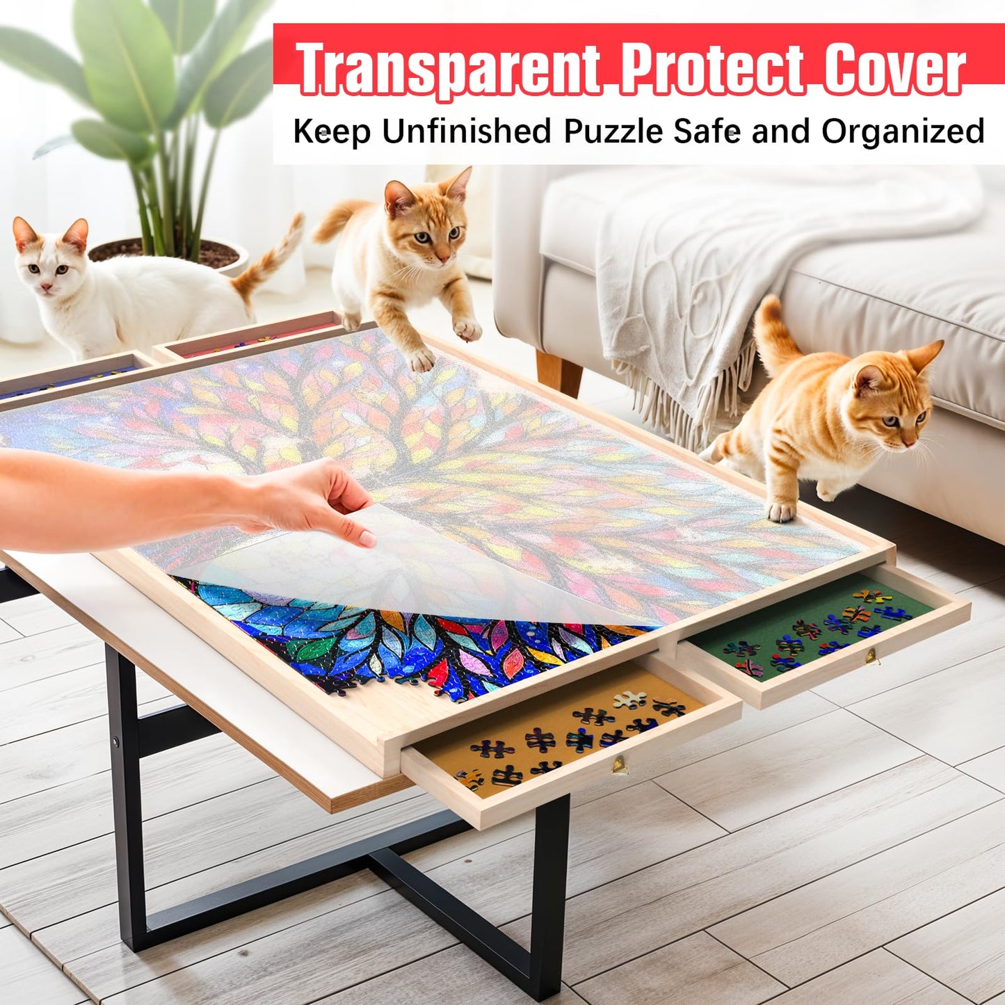 Puzzle Board With Drawers And Cover Rotatable 360-Degree Wheels 1000 Pieces Lightweight Portable Wooden Puzzle Table For Adults