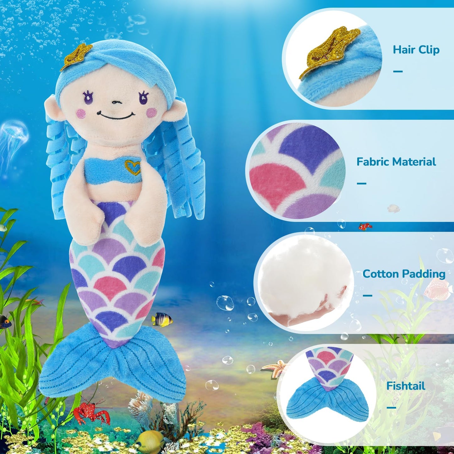 Athoinsu Blue Mermaid Stuffed Animal Soft Cute Mermaid Princess Plush Doll Toy Birthday Valentine'S Day Gifts Decors For Girls Kids Toddlers, 12''