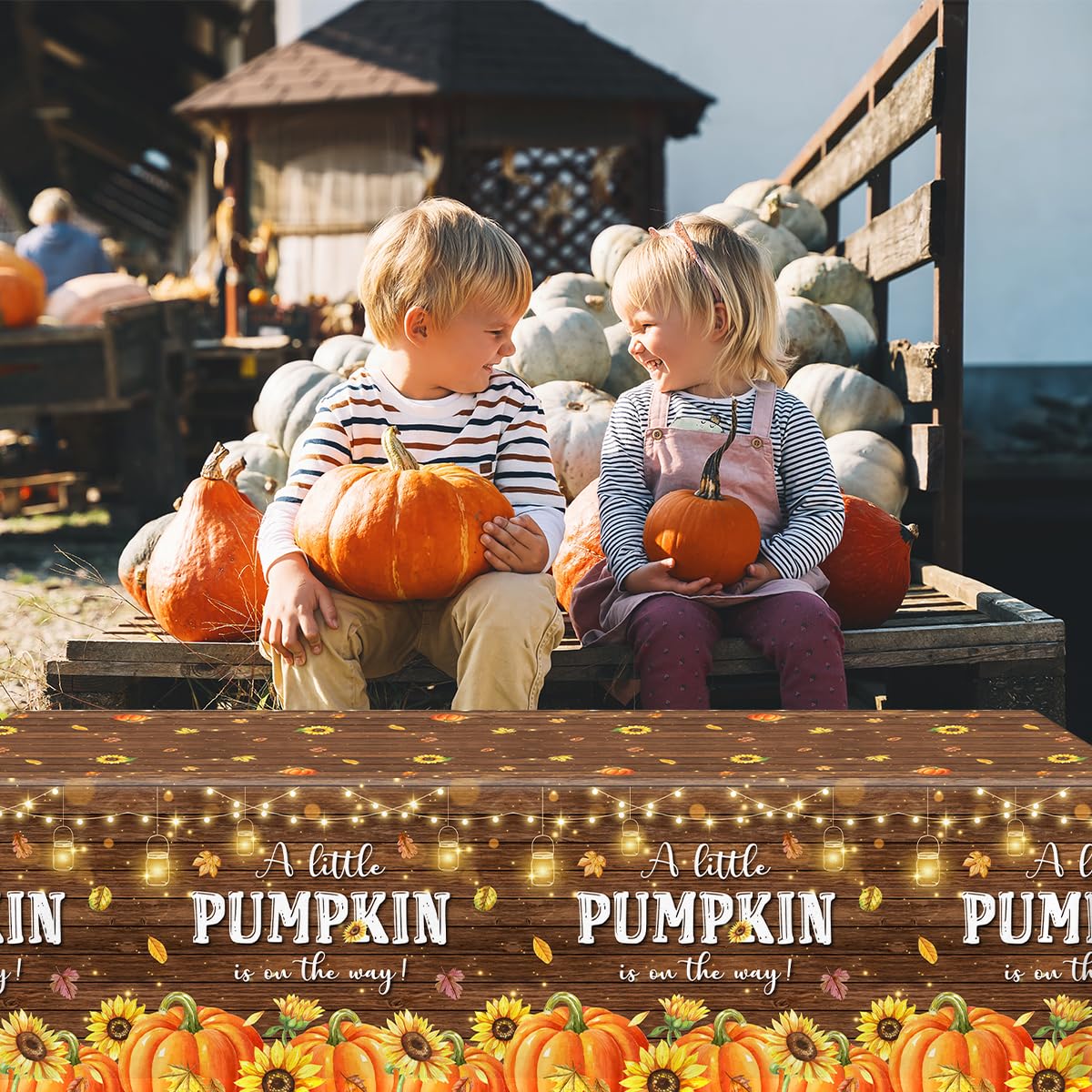 Little Pumpkin Baby Shower Decorations - 3Pcs A Little Pumpkin Is On The Way Tablecloth, Rustic Wood Fall Pumpkin Table Cover Fo