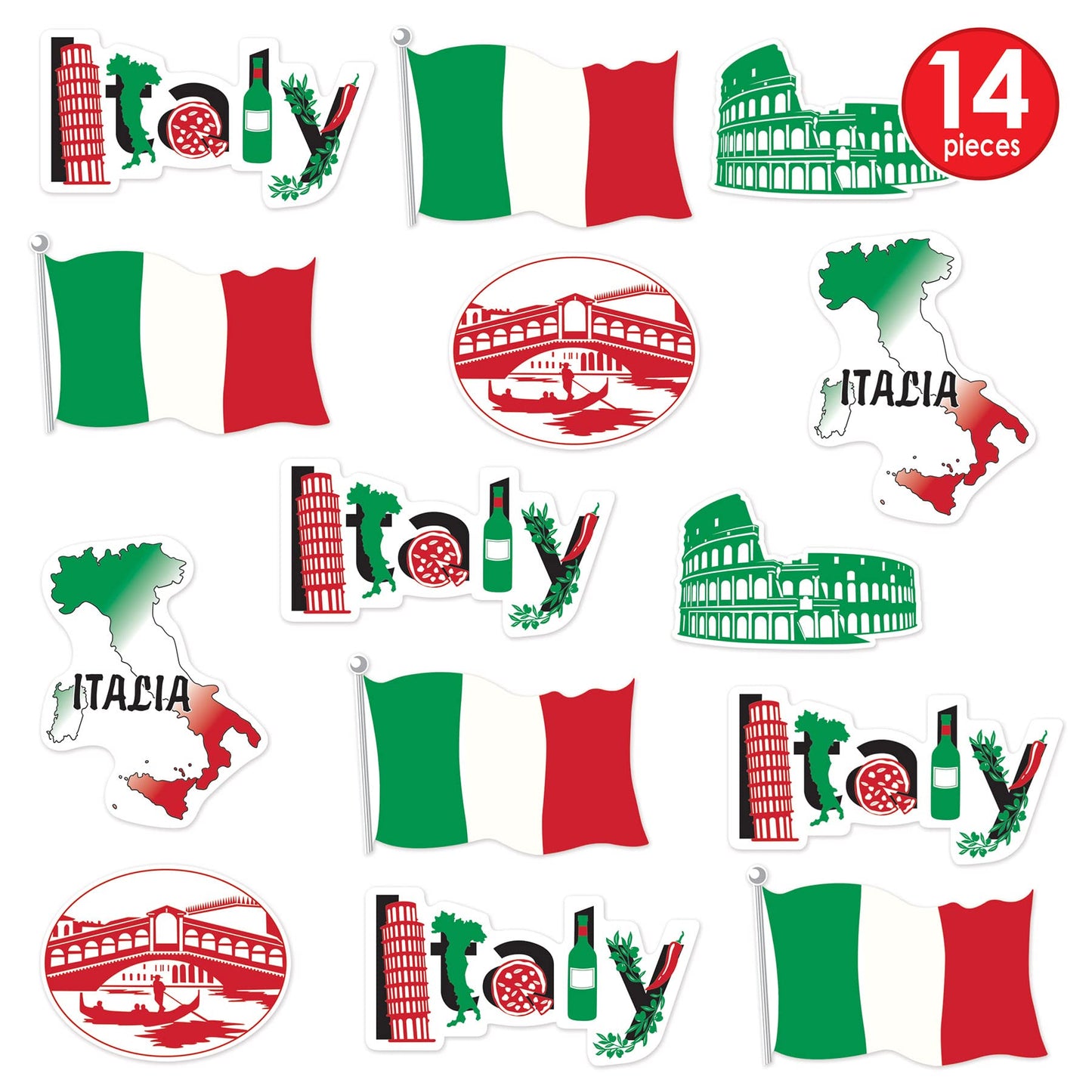 Beistle 53674 Italian Cut Outs 14 Piece Italy Decorations International Around The World Party Supplies, 12-16, Red/White/Green/