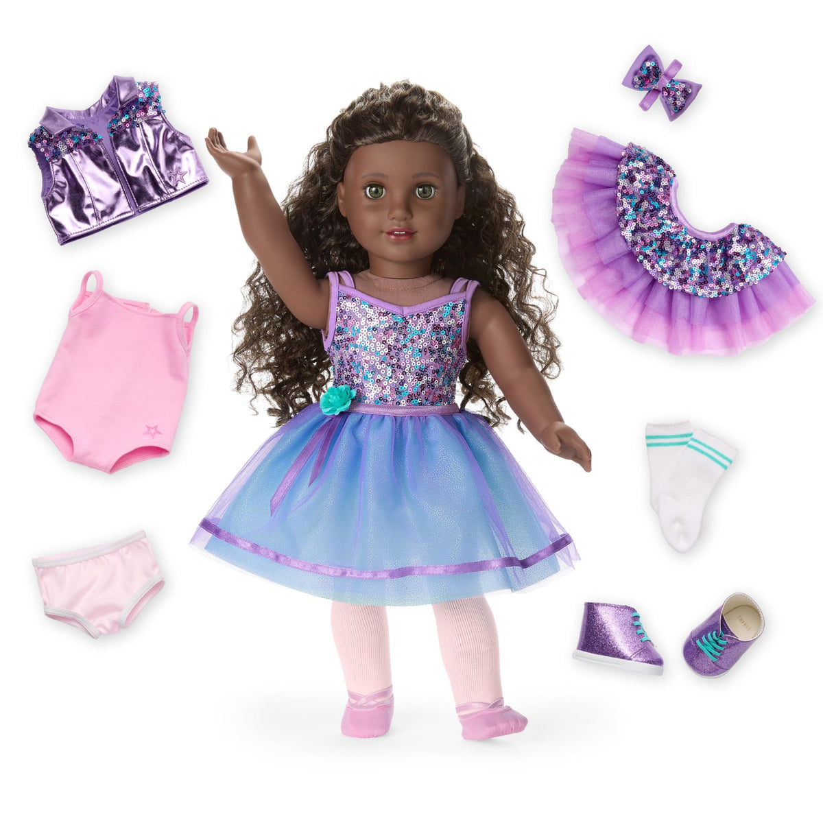 American Girl, Truly Me #127 Doll & Dance All Day Set, with Hazel Eyes, Curly DarkBrown Hair, Very Deep Skin, Ages 6+