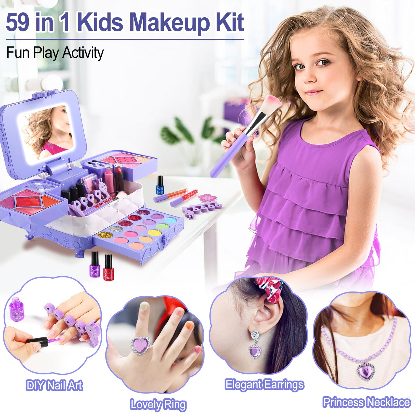 YasinKidz 59 in 1 Kids Makeup Kit, with 3-Color Led Makeup Mirror Real Washable Kid Makeup Set for Girls, Perfect Girl Birthday