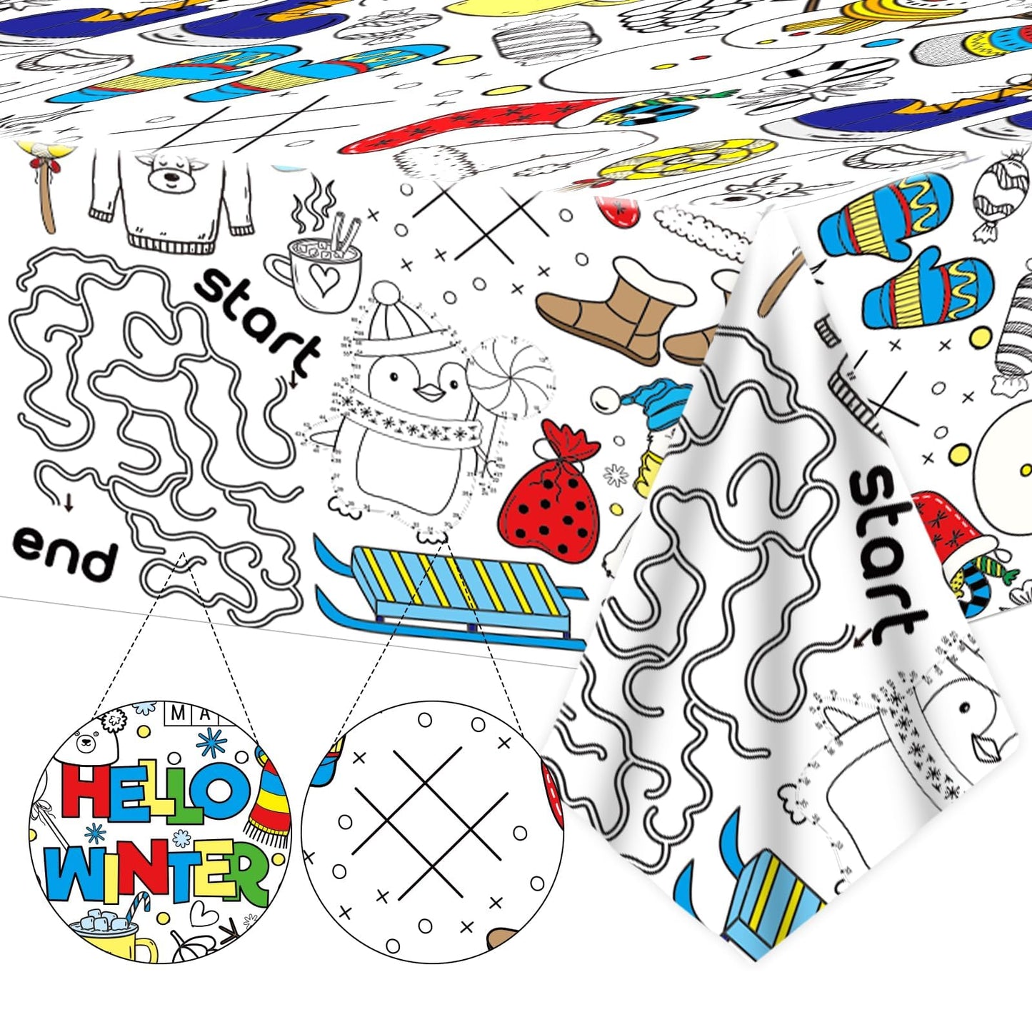 Giant Winter Coloring Tablecloth for Kids Snowman World Posters Activity Large Penguin Bear Color-in Paper Poster Table Cover fo