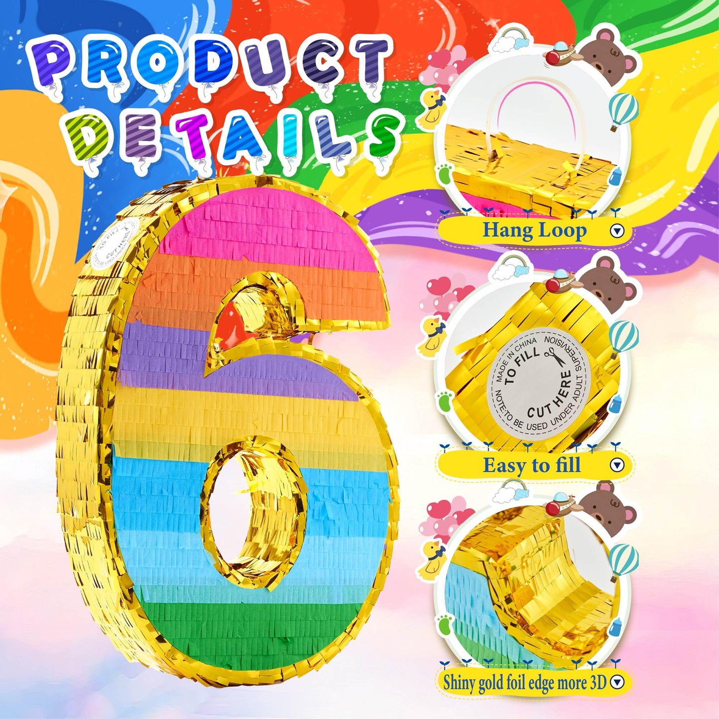 MUWOOB Rainbow Number 6 Pinata for 6th Birthday Party Decorations, Fiesta, Kids Anniversary Celebration, Birthday Pinata with St