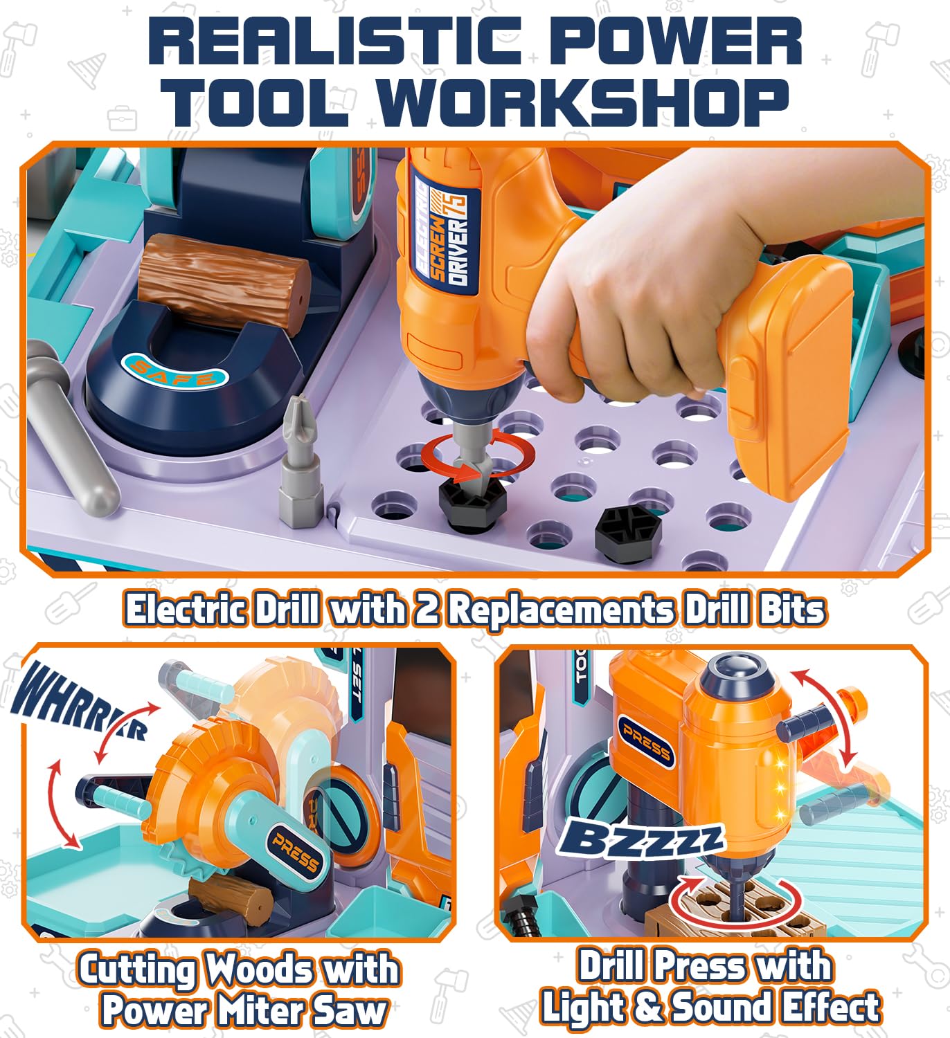 Lehoo Castle Kids Tool Bench, 32.5" Tall, Orange, Plastic, Model TT-006, Toddler Tool Set with Electric Drill, Pretend Play Toys for Ages 3-5
